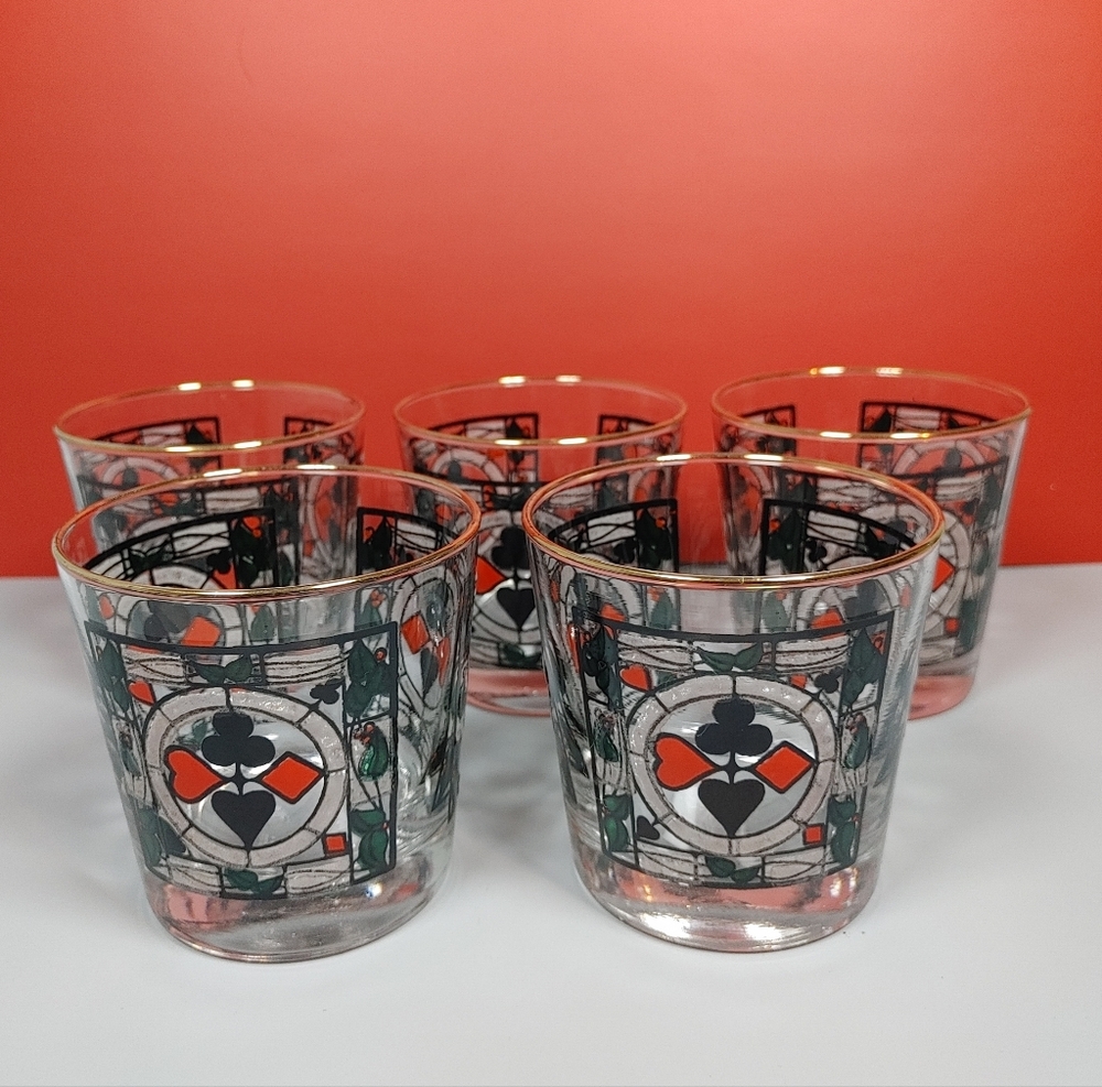 Dominion MCM Low Ball Whiskey Glasses Playing Card Motif Stained Glass Set of 5